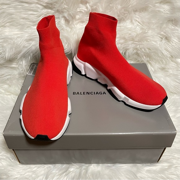 Balenciaga Men’s Speed LT Graffiti Recycled Knit Trainers Red/Black/White - Picture 3 of 9